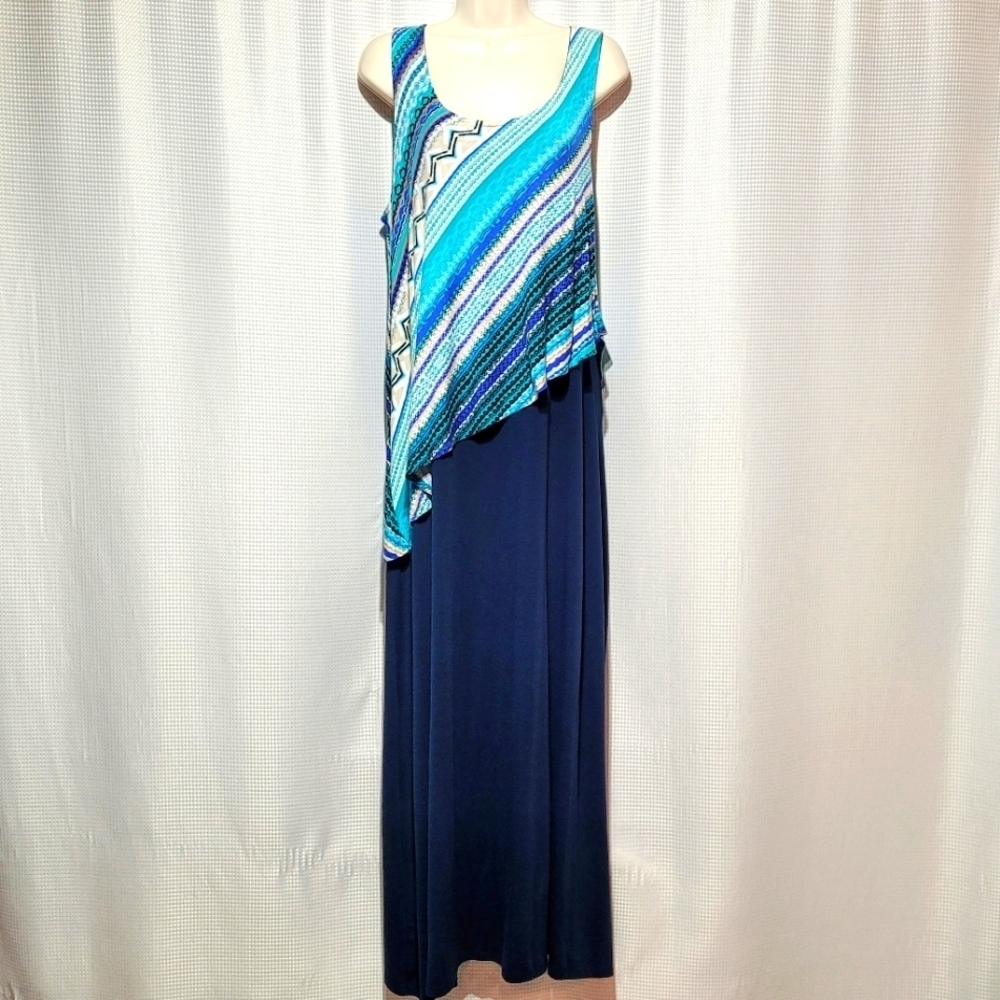 Allison Brittney Navy Blue with Diagonal Overlay Maxi Dress (L)